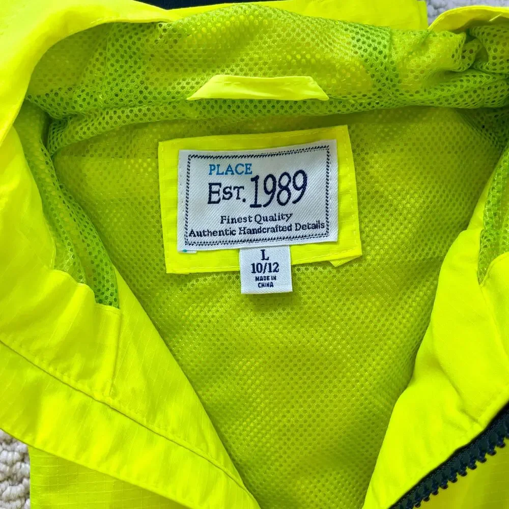 High Vis Neon Yellow Windbreaker Hooded Jacket Youth Large 10/12 Childrens Place